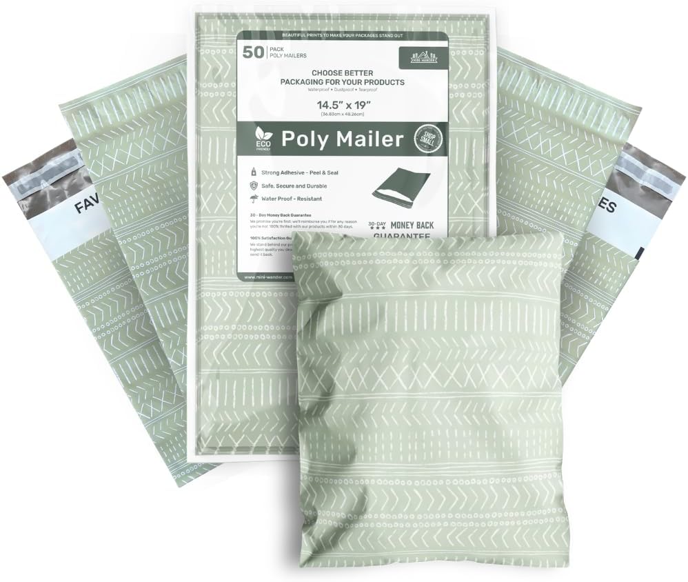 Poly Mailers 14.5x19 Inch 50 Pack Extra-Large Shipping Bags | Strong Thick Mailing Envelopes | Self- Adhesive | Waterproof & Tear Proof | Small Business Packaging for Clothing - Boho Sage Green