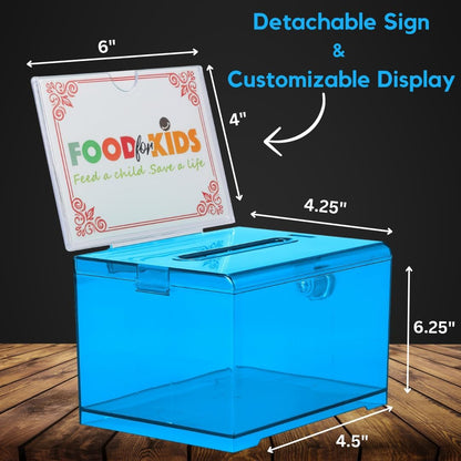 AdirOffice Crystal Blue Acrylic Donation Box with Lock - Multipurpose Suggestion Box for Office, Fundraisers, or School Voting - 6.25x4.5x4 Inches