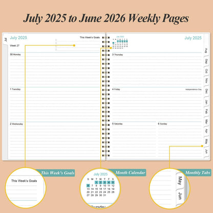 2025-2026 Planner - Academic Planner 2025-2026 from July 2025 to June 2026 with 12 Monthly Tabs, Flexible Cover, Inner Pocket, 8.5" x 11", Rose Leaf