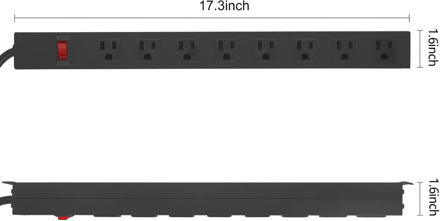 Metal 8 Outlet Mountable Power Strip, Wall Mount Outlet Heavy Duty, Wide Spaced Commercial Shop Power Strip with Switch, 15A 125V 1875W, 6 FT SJT 14AWG Power Cord (12FT)
