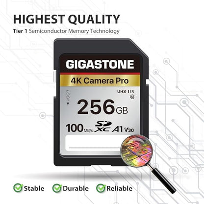 【5-Years Data Recovery】 GIGASTONE 256GB SD Card with USB Type C Card Reader, 4K Camera Pro, A1 V30 U3 SDXC Memory Card Compatible with Canon Digital Camera, with 1 Mini case