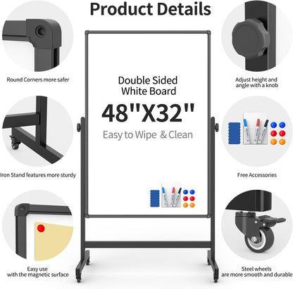 48x32inches Mobile Whiteboard - Adjustable Height, Standing Whiteboard on Wheels, Double-Sided Magnetic Dry Erase Board for Office, Home, Classroom