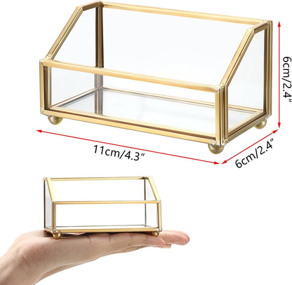 Hipiwe Business Card Holder Gold Name Card Display Stand with Mirror Bottom Metal Glass Desktop Organizer for Office Exhibition