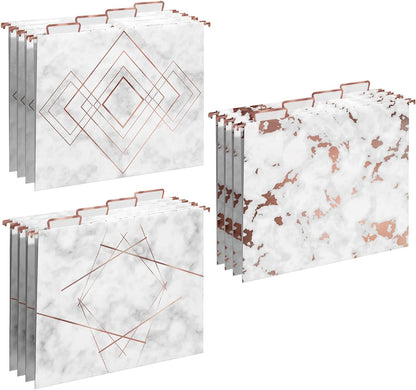 Y YOMA 12 Pack Rose Gold Hanging File Folders Letter Size Decorative File Folder Cute Pretty Hanging Folder Organizer for Filing Cabinet Office Home with 1/5-Cut Adjustable Tabs, 3 Marble Design