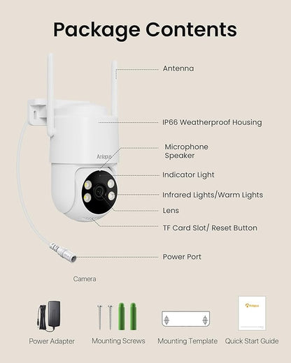 Anlapus C281 3MP 2K Security WiFi Camera Outdoor, 360° Pan/Tilt Wired Security Camera, AI Detection, Auto Track, Color Night Vision, 2-Way Audio, 2.4/5GHz, Light Siren Alarm, Cloud/Memory Card Storage