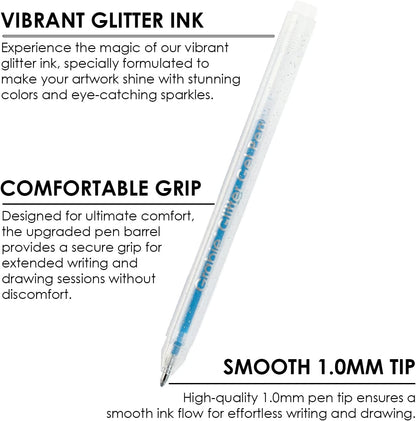 Grabie 42 Glitter Gel Pen Set, 18 Iridescent&24 Essential Color Pens, Smooth Rollerball Tip, Metallic Sparkly Gel Pens for Coloring (42 Colors Capped Glitter Gel Pens)