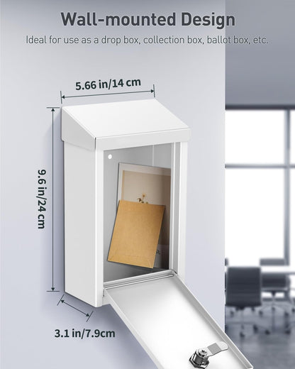 Uniclife Key Drop Box for Outside, White Metal Donation Box Collection Box with Key Lock, Safe Suggestion Box, Wall Mounted Mailbox with Top Slot, Steel Cash Drop Box for Home Office and Business