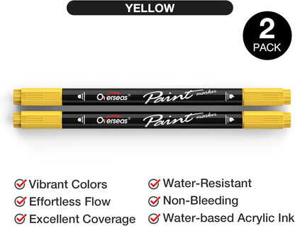 Overseas Yellow Acrylic Paint Markers, 2 Pack Dual Tip Paint Pens Acrylic Markers with Dot and Brush Tip, Coloring Marker for Wood, Rock, Canvas, Glass, Metal, Plastic, Fabric, School Supplies