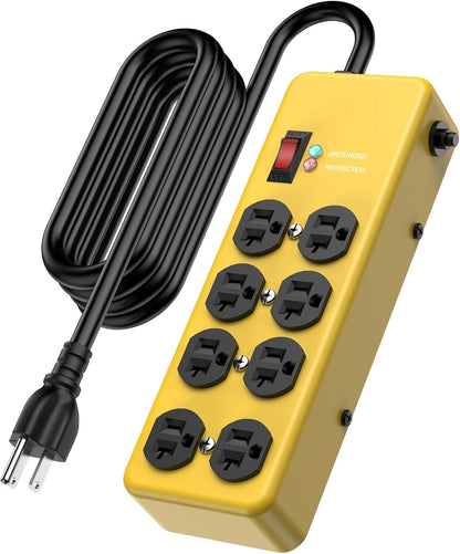 HEZI 20A Power Strip Surge Protector Durable Metal 8-Outlet with Heavy Duty 20 Amp Extension Cord,12 Gauge for Garage,Workshop & Industrial Use with 6-20R T-Slot Outlets,4800J(Yellow,6FT)