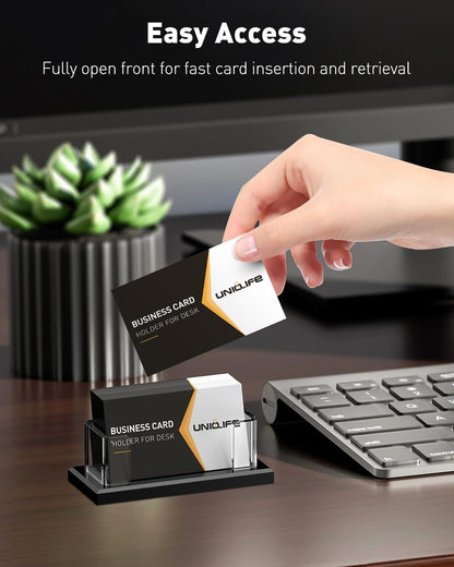 Uniclife 2 Pack Acrylic Business Card Holder for Desk 1 Slot Clear Horizontal Business Card Stand for Men & Women Desktop Name Card Display Stand Card Organizer for Office Exhibition, 60 Card Capacity