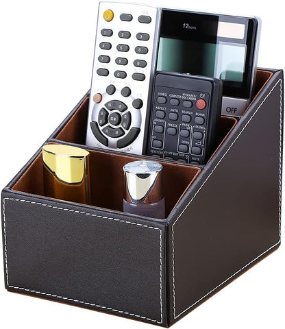 KINGFOM Remote Control Holder with 3 Compartments, Pu Leather Remote Caddy Desktop Organizer for TV, CD, Blu-Ray, Media Player, Heater Controllers and Cosmetics Office Supplies(Brown)