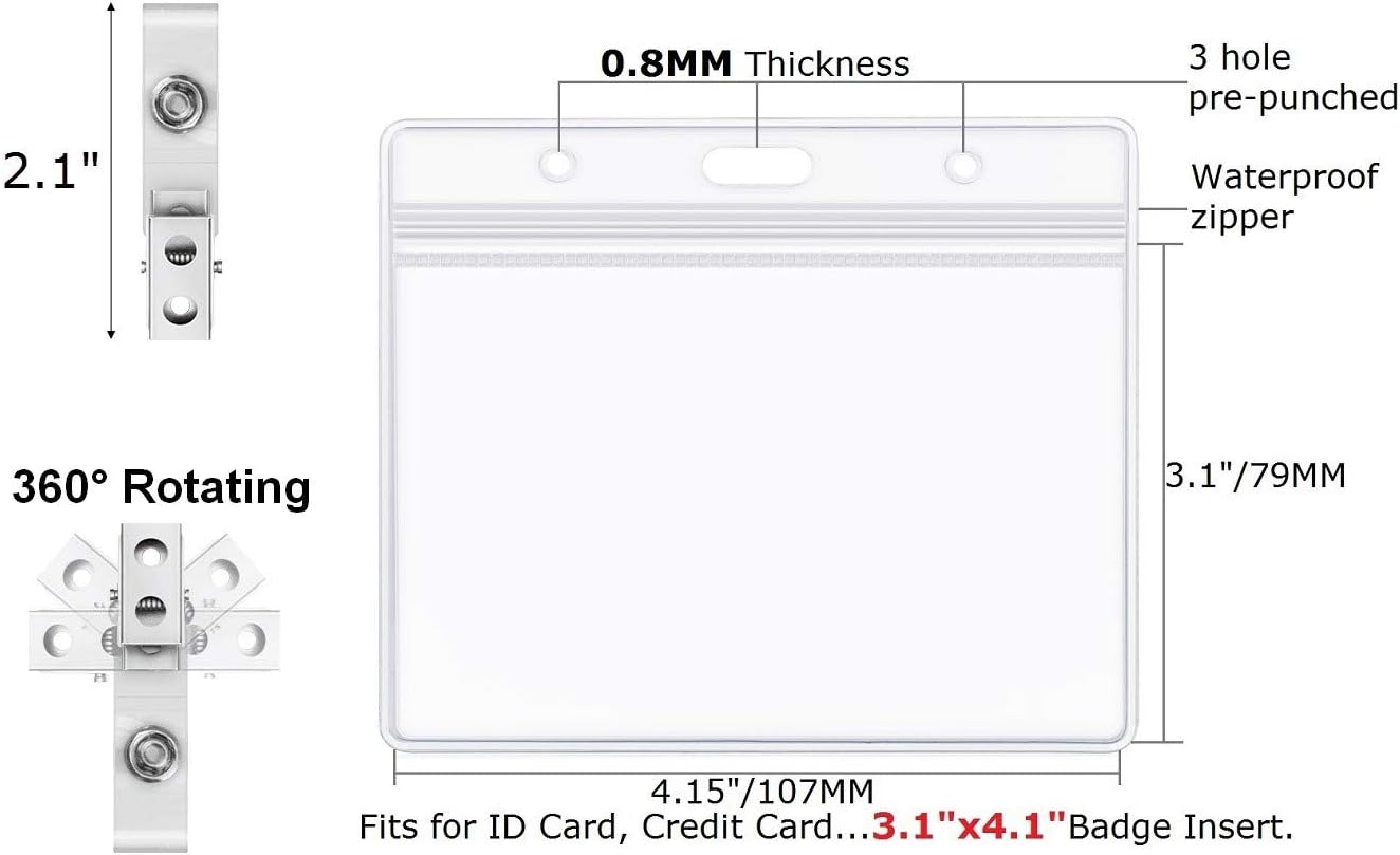 Clear Plastic Horizontal Name Tag Holder and Metal Badge Clip with Vinyl Straps Waterproof PVC ID Card Holders (100 Pack, Horizontal Large 3x4)