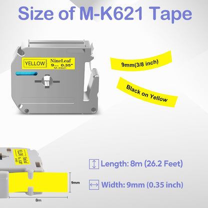 NineLeaf 4 Pack Compatible for Brother P-Touch M Label Tape MK621 M-K621 M621 Black on Yellow 3/8" (9mm) x 26.2ft (8m) Labeling Refill Cartridge Work in PT-45M PT-65 PT-70 PT-80 PT-M95 Label Maker