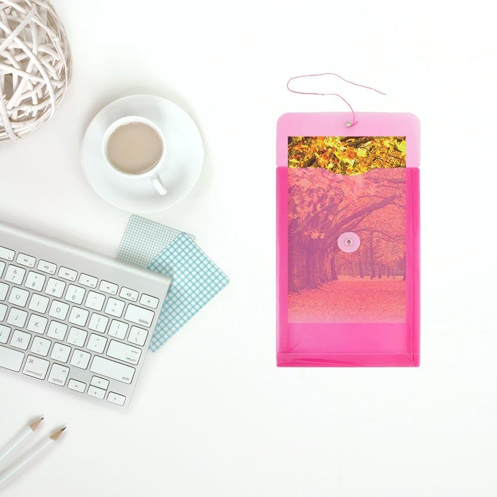 JAM PAPER Plastic Envelopes with Button & String Tie Closure - 6 1/4 x 9 1/4 - Fuchsia Pink - 3/Pack