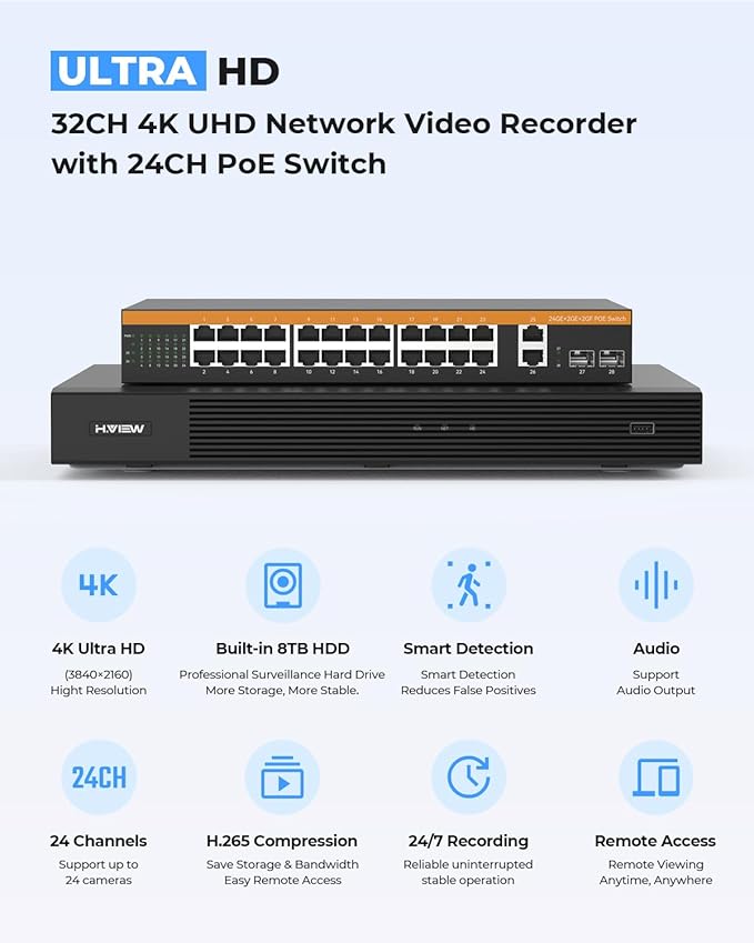 H.VIEW 32 Channel Security Camera System, 20pcs 8MP Wired IP Bullet PoE Cameras Outdoor, AI Human Detection, Built-in Mic, Remote Access, 4K 32CH NVR 8TB HDD for 24-7 Recording,Business CCTV