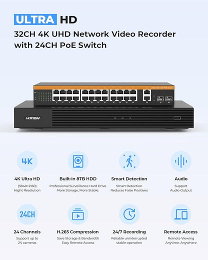 H.VIEW 32 Channel Security Camera System, 20pcs 8MP Wired IP Bullet PoE Cameras Outdoor, AI Human Detection, Built-in Mic, Remote Access, 4K 32CH NVR 8TB HDD for 24-7 Recording,Business CCTV