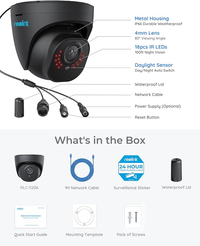 REOLINK 5MP PoE Camera for Home Security, Surveillance Outdoor Indoor, Support 512GB SD Card, Human/Vehicle/Pet Detection, Work with Smart Home, 100ft IR Night Vision, Time-Lapse, RLC-520A(Black)