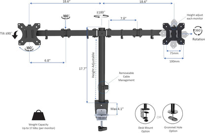 Rocelco 46" Electric Standing Desk Converter with AC Outlet USB Charger and Dual Monitor Arm Mount - Motorized Adjustable Sit Stand Riser - Tabletop Workstation Keyboard Tray - Black (R EDRB-46-DM2)
