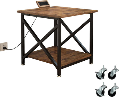 Large Printer Stand with Power Outlet, with Storage Shelf, 2 Tier Rolling Printer Cart with Industrial Wheels, 23.6 x 23.6 Inches Printer Table for Home Office,Rustic Brown