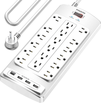 18 Outlets Surge Protector Power Strip - 10 Feet Flat Plug Heavy Duty Extension Cord with 18 Widely Outlets and 4 USB Ports, 2100 Joules, White, ETL Listed