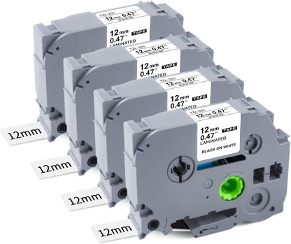 4Pk Tze-231 Label Maker Tapes Replacement for Brother P Touch Label Tape 12mm 0.47 Laminated White TZe231/TZe-231 for Brother PT-D210 D400 H103W H110 1280 1290 1880 2040, Black on White