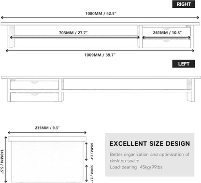 Fenge Monitor Stand, Dual Monitor Riser, 42.5inch Large Desk Computer Monitor Stand Riser with Drawer, 2 Tier Wood & Acrylic Desktop Organizer for Computer, Laptop, Printer, TV Screen Riser