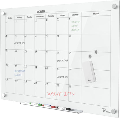 TOWON 47 x 35 Inch Glass Dry Erase Board, Magnetic Whiteboard Calendar, Monthly Planner Set, White