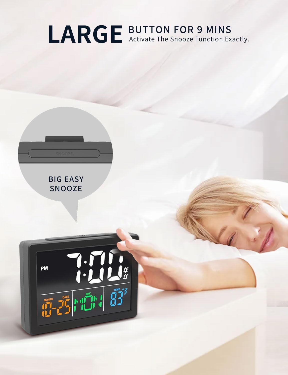 Digital Alarm Clock, with 5.5" Large LED Time Display, Adjustable Alarm Volume, 6 Level Brightness, Alarm Settings, USB Charger, Temperature Detect, Snooze, Clocks for Bedroom, Bedside, Desk, Black