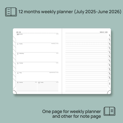 POPRUN Planner 2025-2026 Weekly Notebook (Medium 6.5''x 8.5'') Academic Calendar (JUL.25 - JUN.26) Appointment Book with Monthly Tabs, Leather Soft Cover, Inner Pocket, 100 GSM - Brown