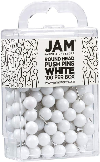 JAM PAPER Colorful Push Pins - Round Head Map Thumb Tacks - White Pushpins - 100/Pack