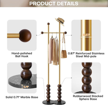 Metal Freestanding Coat Rack with Stainless Steel Double Rods & Marble Base, Hanging Clothes Rack for Entryway, Hallway, Bedroom, Living Room, Gold