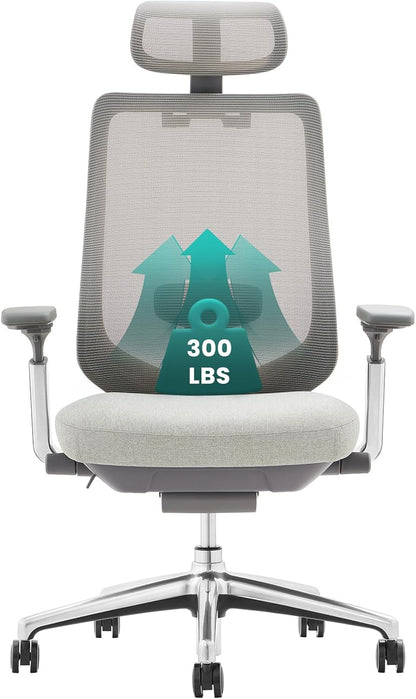 COLAMY Ergonomic Mesh Office Chair, High Back Computer Executive Desk Chair with Adjustable Headrest and 4D Arms, Slide Seat, Tilt Lock-Light Grey