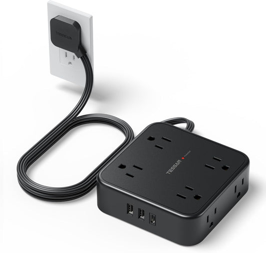 Surge Protector Flat Plug Power Strip, TESSAN Black Extension Cord, 8 AC Outlets, 3 USB Charger(1 USB C Port) 3 Side Outlet Extender, 5 Ft, 900 Joules Protection, Office Supplies, Dorm Essentials