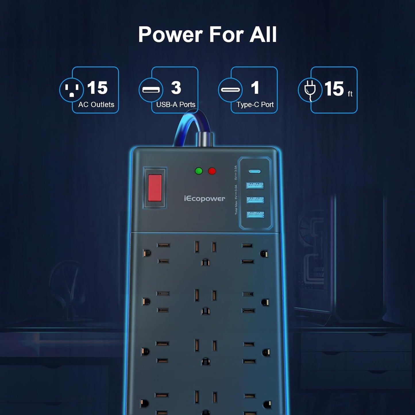 Surge Protector Power Strip 15 ft cord-15 Widely Spaced Outlets and 4 USB Ports(1 USB C Port),14 AWG Extension Cord,1875W/15A Heavy Duty Power Strip Surge Protector 15 ft Cord,2800J,Black