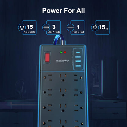 Surge Protector Power Strip 15 ft cord-15 Widely Spaced Outlets and 4 USB Ports(1 USB C Port),14 AWG Extension Cord,1875W/15A Heavy Duty Power Strip Surge Protector 15 ft Cord,2800J,Black