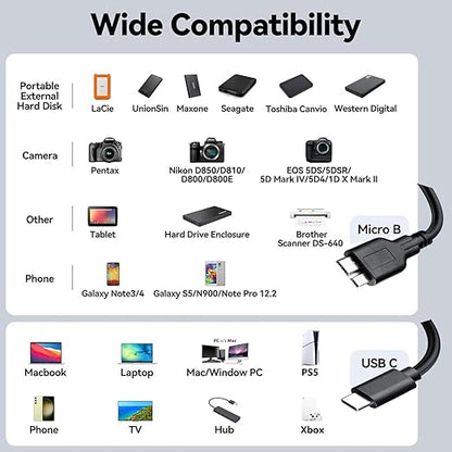 External Hard Drive Cable Micro B to USB C Cord for Western Digital WD My Passport Ultra, Seagate, Toshiba Canvio, UnionSine, LaCie USB 3.0 Micro B Cable for iPhone 16 15, PC, Mac, MacBook,Samsung