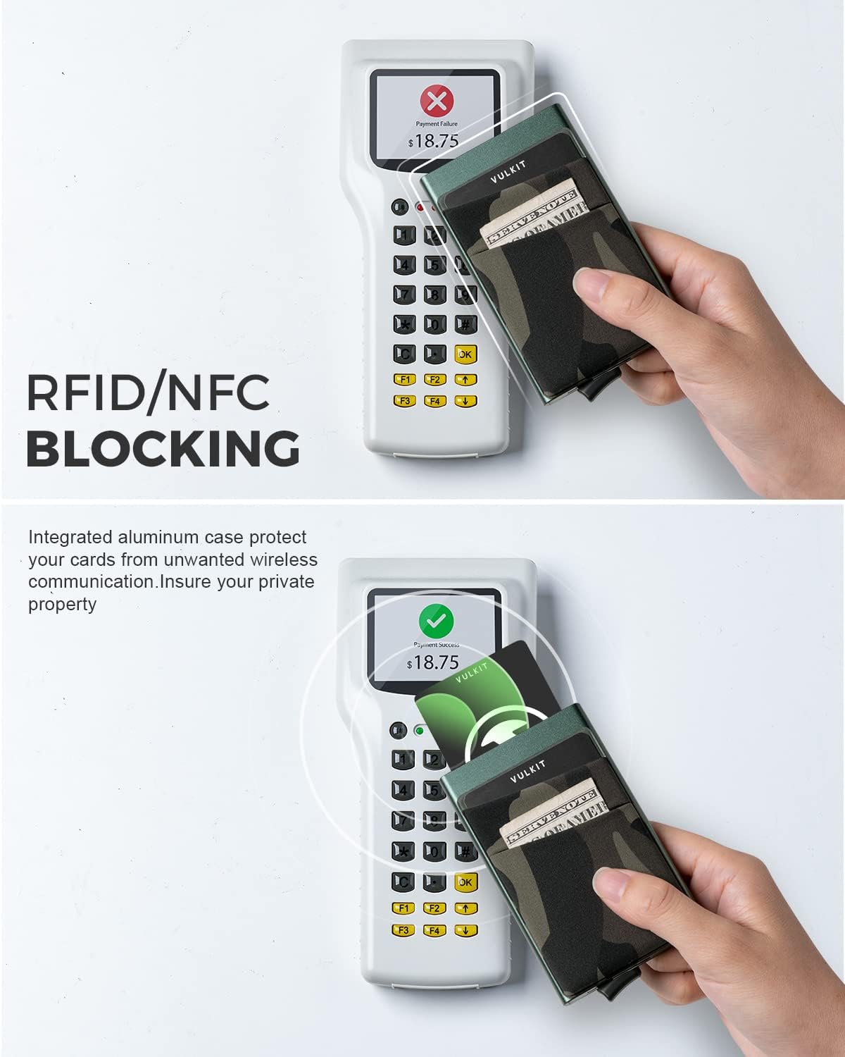 VULKIT Card Holder with Money Pocket Pop Up Wallet RFID Blocking Slim Metal Bank Card Case Holds 5 Cards and Notes