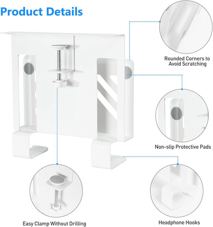 MAXECHO Desk Side Storage, Under Desk Laptop Mount, Table Side Hanging File Organizer, No Drill Clamp On Cable Management Tray, Laptop Holder with 2 Hooks for Office and Home, Load 22 Lbs