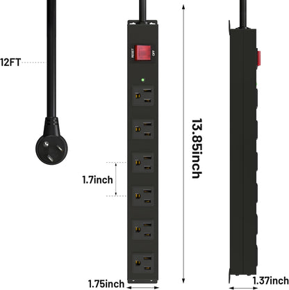 KF 6 Outlet Metal Wall Mount Power Strip, 2100J Surge Protection Heavy Duty Power Strip, 15A/1875W Mountable Power Strips with Upgraded Switch, 14AWG 12FT Power Cord