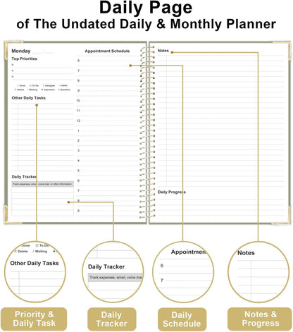 Undated Daily Monthly Planner for 2025 2026 - A4 To Do List with Hourly Schedule, Hardcover Spiral Bound Daily Planner to Increase Focus, Stylish School/Office Supplies, 8.5" x 11", Green