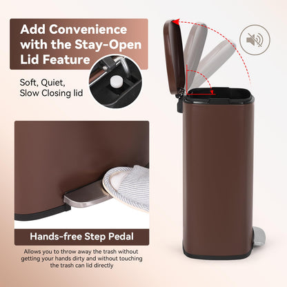 PayLessHere Stainless Steel Trash Can with Lid - Removable Inner Bucket, Foot Pedal Soft Close for Office, Home, Kitchen Garbage Bin (Brown, 13 G)