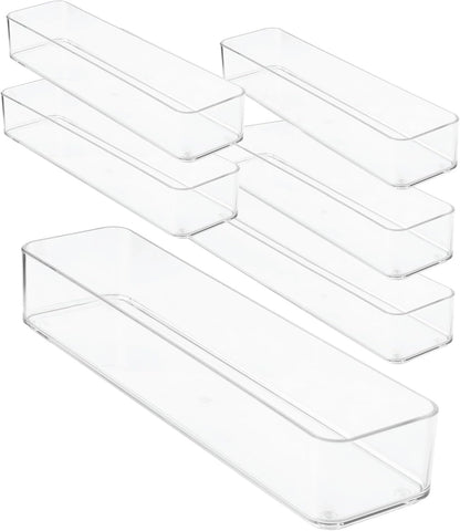 Plastic Clear Drawer Organizers. Bathroom, Kitchen, Bedroom, Gadgets, Office Organizer Bins, Storage Trays. Heavy Duty, Stackable. 12" x 3" x 2" Set of 6