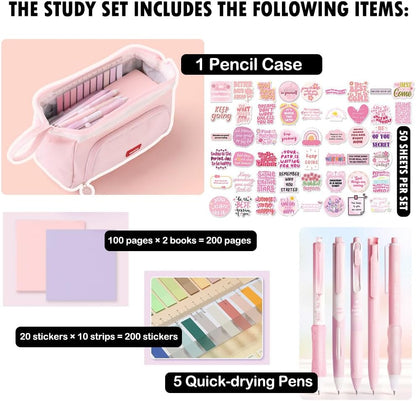 HVOMO Stationery Set,1 large-capacity pencil case,5 quick-drying pens,50 waterproof stickers,2 sticky note pads(200 sheets),1 set of 10-color index labels (200 sheets),Student stationery gift(Pink)