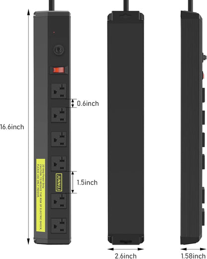 JUNNUJ Heavy Duty Metal Power Strip 20 Amp, High Amp Surge Protector 6 Outlet, 20A Power Strips Workshop Industrial Outlets Wide Spaced 6-20R T-Slot with Circuit Breaker, 12 Gauge Extension Cord 10ft