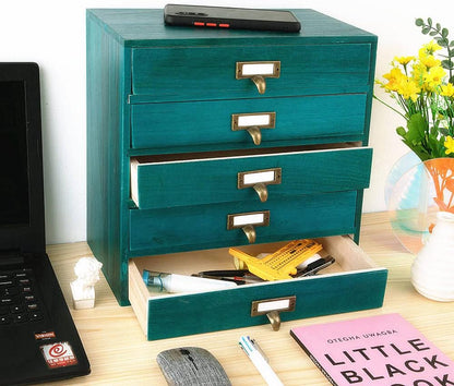 Small Wooden Drawers Rustic Desk Organizers and Accessories Wooden Storage Box with Drawers Desktop Storage Library Card Catalog Cabinet School Supply Storage Apothecary Cabinet(S-BLUE)