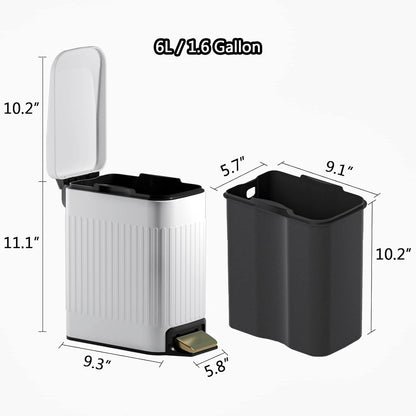 Small Bathroom Trash Can with Lid Soft Close-6L/1.6 Gal Slim Step Garbage Can-Metal Pedal Wastebasket-Narrow Rectangle Garbage Container Bin for Corner Office, Bedroom, Toilet, Live Room-White
