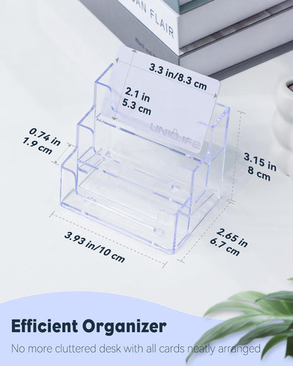 Uniclife 4 Pack Acrylic Business Card Holder for Desk 3 Slots Clear Business Card Display Stand for Men & Women Desktop Business Card Organizer Card Stand for Office Home Exhibition, 180 Card Capacity