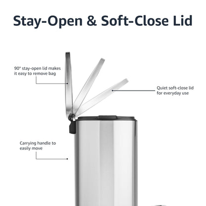 Amazon Basics Smudge Resistant Rectangular Trash Can With Soft-Close Foot Pedal, Brushed Stainless Steel, 50 Liter/13.2 Gallon, Satin Nickel Finish, 16.7"L x 14.7"W x 25.9"H