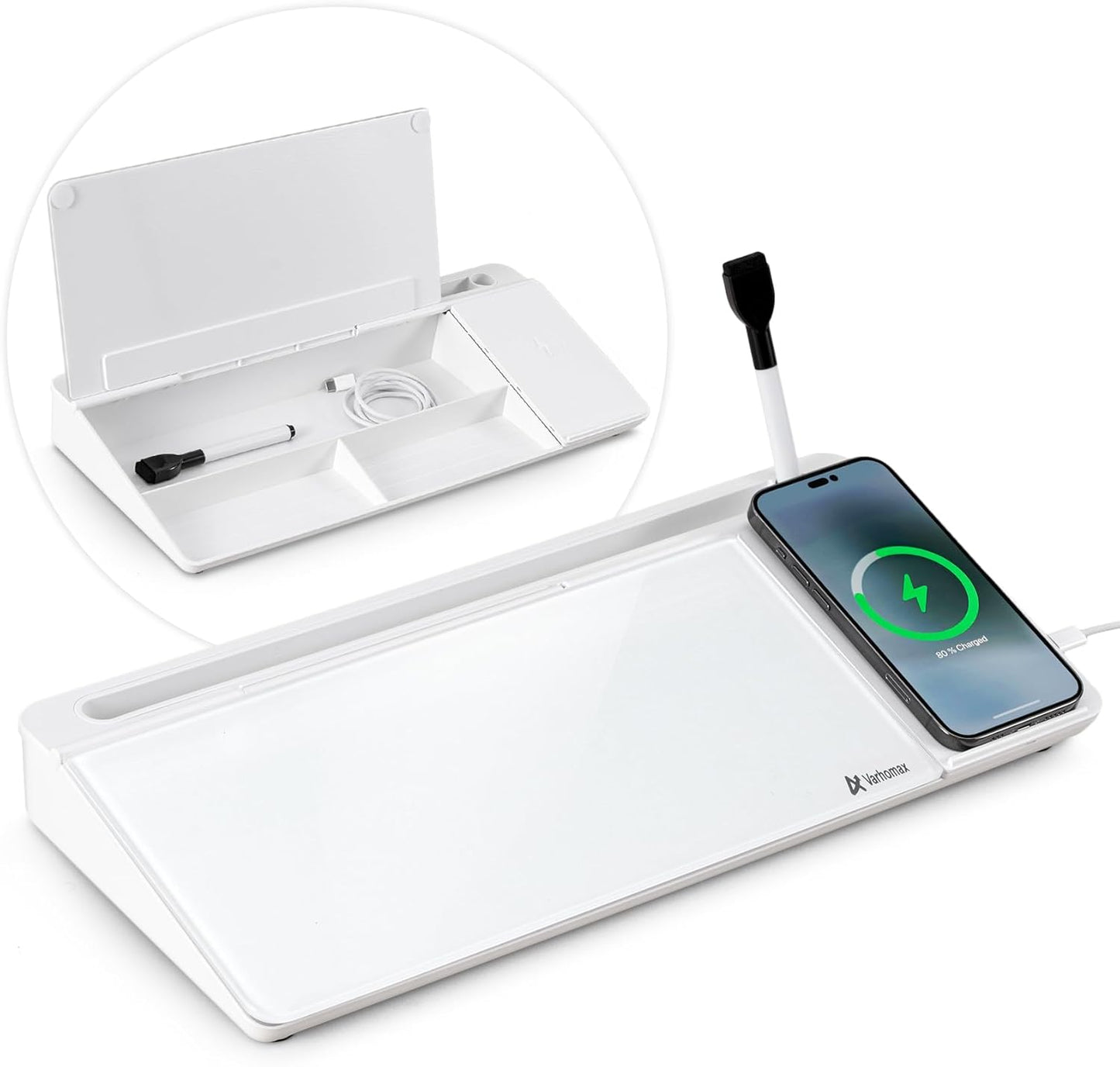 Varhomax Glass Desk Whiteboard with Wireless Charger, Desktop Dry Erase White Board with Storage, to Do List Memo Notepad for Home and Office