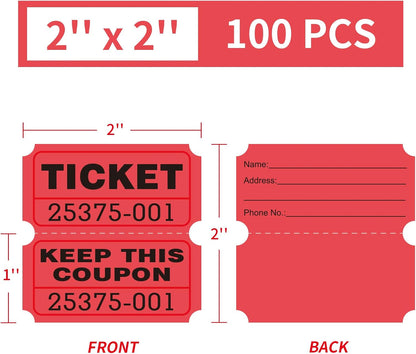 DGBDPACK 100 Raffle Tickets, 50/50 Double Ticket, Bold Numbers for Easy Reading, Ticket for Events, Entry, Class Reward & Prizes -Red